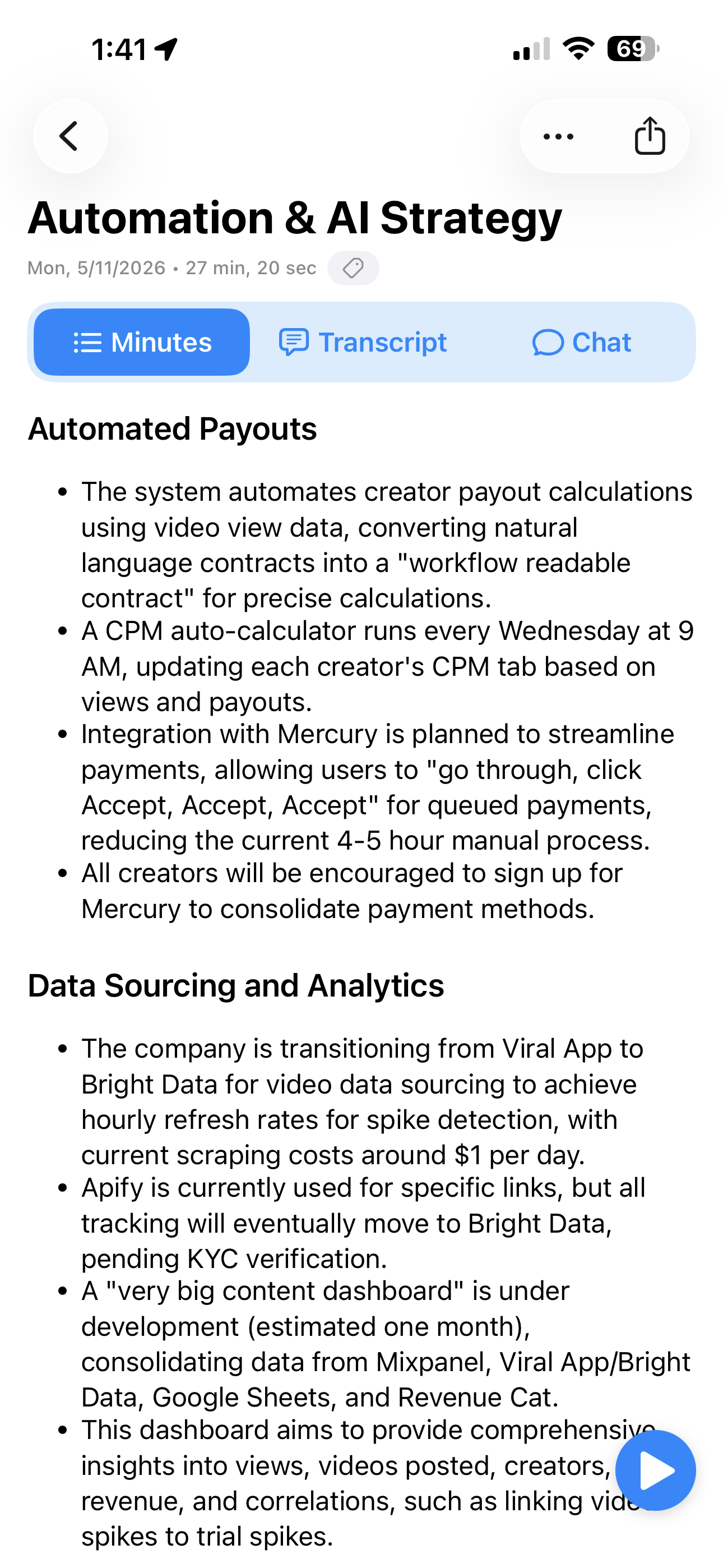 Minutes AI app showing an Automation & AI Strategy note